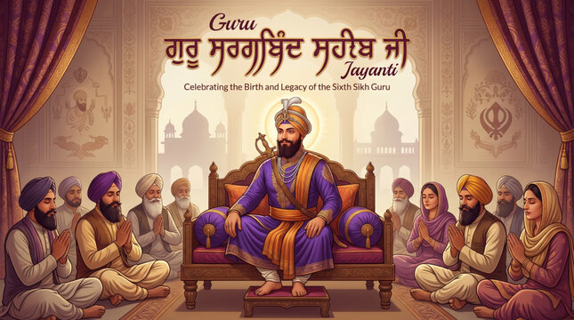 Guru Hargobind Singh Ji Jayanti Celebration Artwork with Devotees and Traditional Sikh Heritage Scene