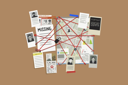 detective investigation board with photos and red string connections