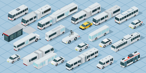 isometric fleet of public transport vehicles on a grid background © Partha