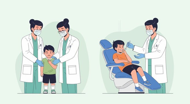 Pediatric dentist examining child patient. Dental care vector.