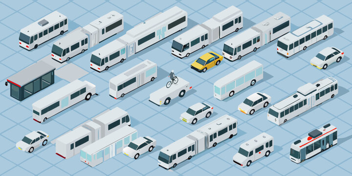 isometric fleet of public transport vehicles on a grid background