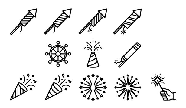 Fireworks and Celebration Line Icon Set Featuring Rockets, Sparklers, Party Poppers, Festival Explosions, and Festive Event Symbols