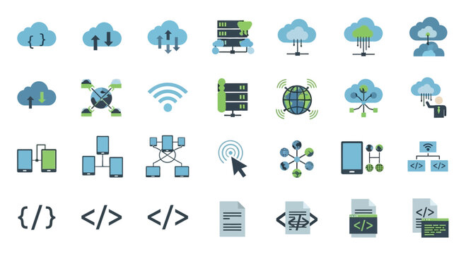 Set of Flat Design Technology Icons for Cloud Computing and Web Development