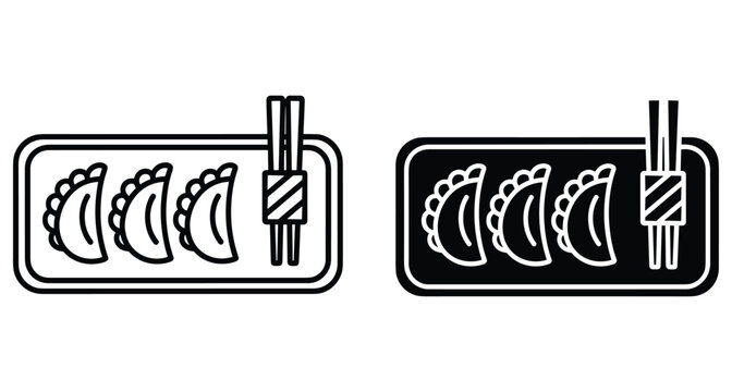Dumplings gyoza potstickers on a rectangular plate with chopsticks icon set in outline and solid black glyph style for menu design