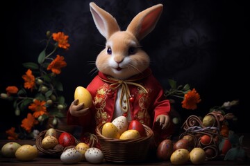 Fototapeta premium Bunny dressed in red holding an easter egg surrounded by decorated eggs and flowers