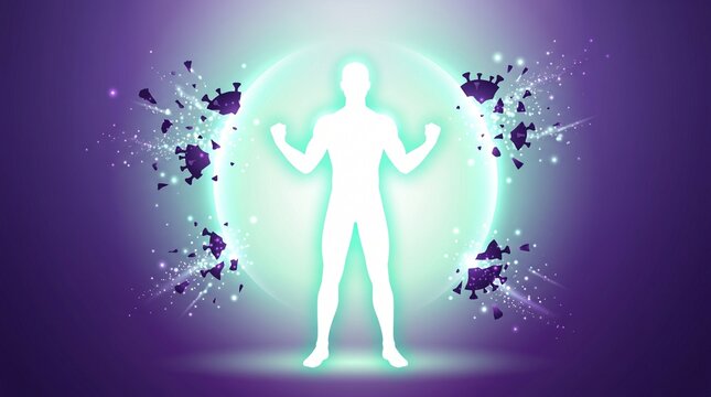 Conceptual digital illustration of human health triumphing over virus with a powerful glowing shield shattering patogen cells into glowing dust.