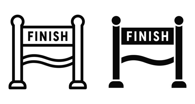 Finish line icon set featuring outline and solid black versions with banner text and ribbon for race competition sports events marathon athletics achievement