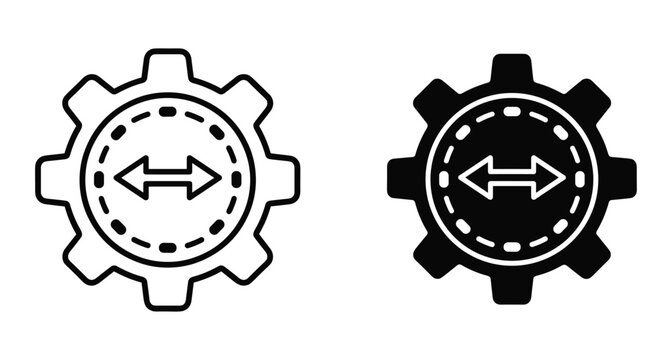 Gear icon set with horizontal double arrow inside dashed circle representing synchronization process automation settings configuration technical engineering industrial interface symbol