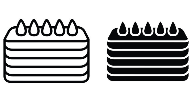 Layered honey cake icon set with cream drops on top featuring outline and solid black styles for bakery menu design
