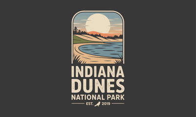 Indiana Dunes National Park vintage travel poster with coastal dunes and lake view in retro style © SMFARHANTANVIR