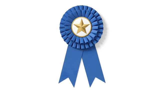 A blue rosette award ribbon with a gold star on a white background