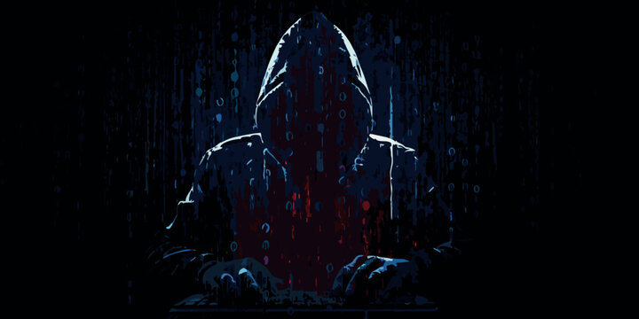 hooded figure silhouette with digital code background