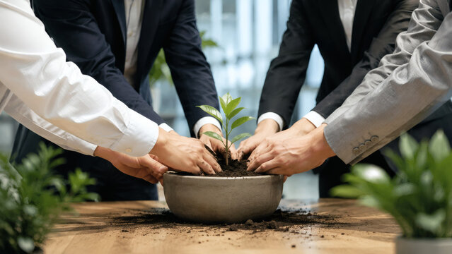 Business team planting green sprout, corporate responsibility concept