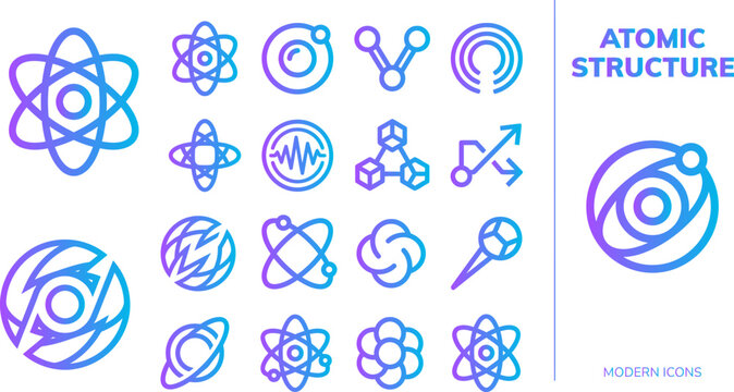 Atomic structure icons set science atom molecule nucleus blue purple gradient.