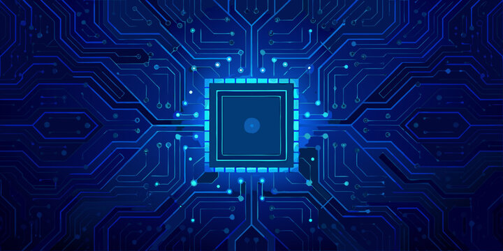microprocessor circuit board illustration with glowing blue lines