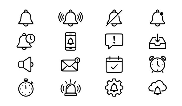 Notification and Alert Line Icon Set Featuring Reminder Bells, Alarm Clocks, Mobile Alerts, Messages, and Warning Communication Symbols