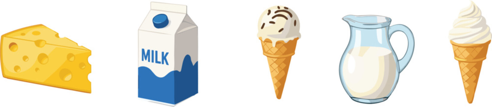 Dairy product cartoon set. Milk carton jug cheese wedge and ice cream cones. Organic dairy vector for grocery store banner, healthy food illustration element.