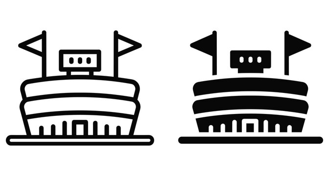 Stadium arena icon set featuring outline and solid glyph styles with flags and scoreboard for sports competition and event design