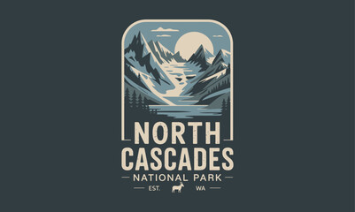 North Cascades National Park Emblem with Mountain Silhouette and Waves in Dark Blue Glowing Style © SMFARHANTANVIR