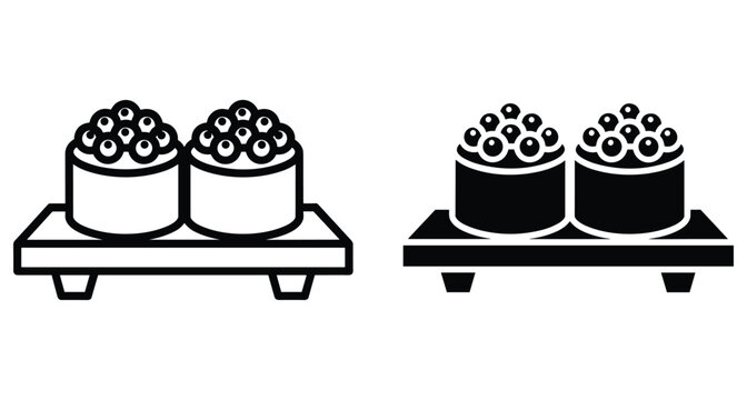 Sushi gunkan maki with salmon roe ikura on wooden board tray vector icon set in outline and solid style