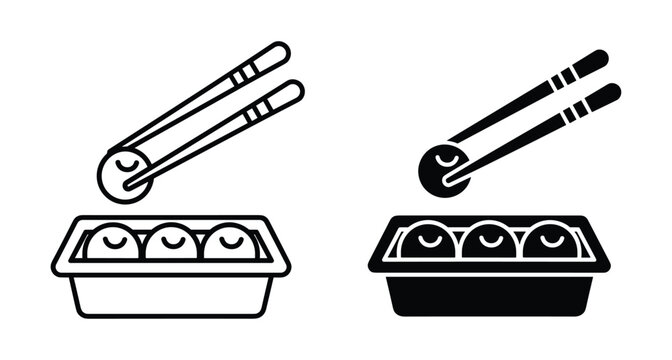 Takoyaki octopus balls icon set featuring outline and solid styles with chopsticks picking up a snack from a plastic tray