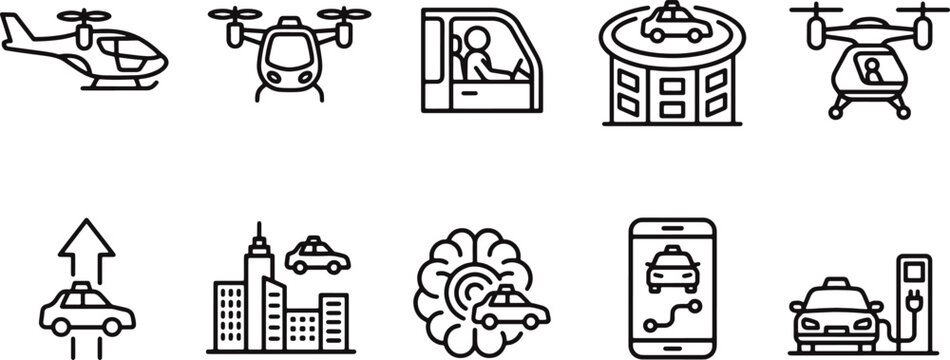 Black line icons of various transport modes and technology