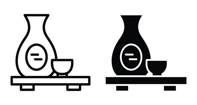 Japanese sake bottle and cup icon set with traditional ceramic tokkuri and ochoko on a wooden tray for restaurant menu design