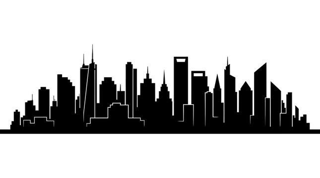 Black silhouette of a modern city skyline with tall skyscrapers.