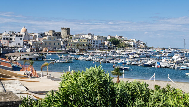 View of Forio waterfront and marina from Chiaiai beach, Forio, Ischia, Italy on 1 May 2026