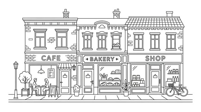 Detailed line art illustration of a street scene with a cafe bakery and shop storefronts.