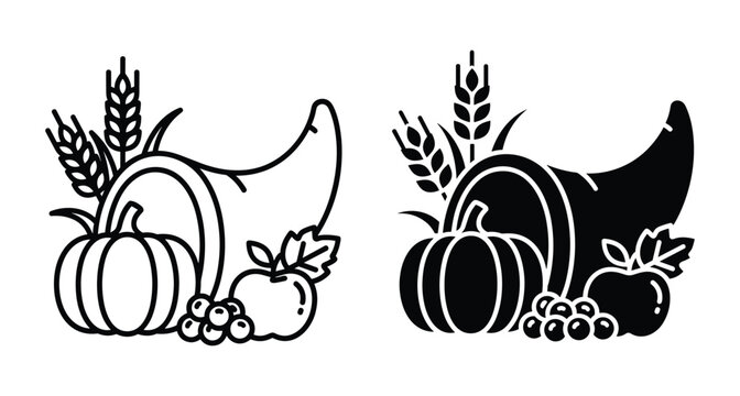 Thanksgiving cornucopia icon set featuring pumpkin apple wheat and berries in outline and solid black silhouette styles for autumn harvest celebration