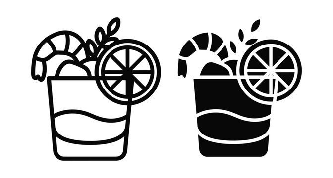 Shrimp cocktail drink icon set with lemon slice and herb garnish in outline and solid black vector graphic style