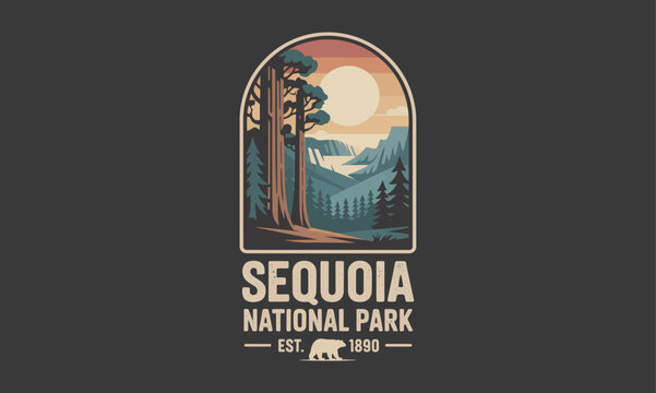Sequoia National Park vintage emblem with mountain landscape and sunset through arch frame