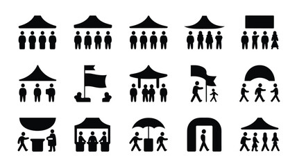 Set of 15 Black Event Tent and People Silhouette Icons Vector © MD