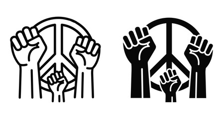 Fototapeta premium Raised clenched fists in front of peace symbol representing protest activism social justice equality human rights freedom revolution and unity