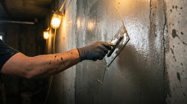 A professional worker wearing a glove using a steel trowel to apply a smooth grey coating on a basement wall.