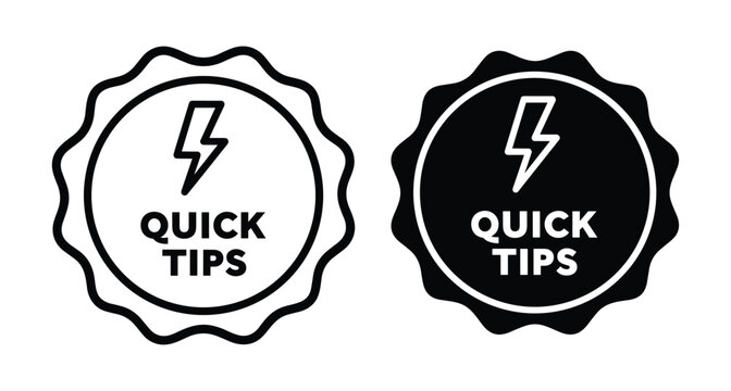 Quick tips badge icon set with lightning bolt symbol in wavy circle frame for education tutorial advice and helpful hints