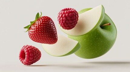 Green apple half, whole strawberries, and raspberries floating against a light background, showcasing fresh fruit in a visually appealing arrangement for culinary use