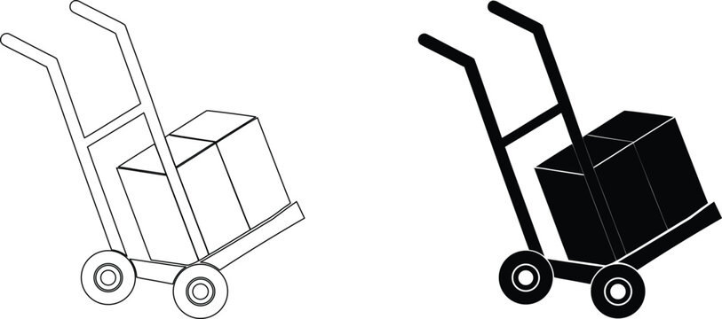 Delivery hand truck with cardboard boxes icon in outline and solid black silhouette style.