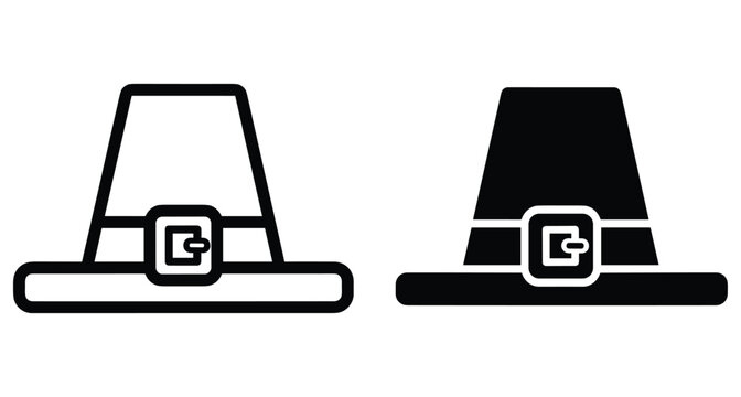 Pilgrim hat icon set for Thanksgiving holiday celebration featuring traditional headwear with buckle in outline and solid black silhouette styles