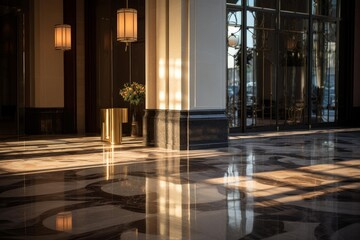 Fototapeta premium Elegant hotel lobby featuring natural light patterns on a polished intricate marble floor