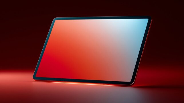 Tablet mock up with blank screen displaying a gradient of red and blue colors, positioned at an angle against a dark background with soft lighting effects