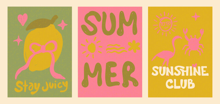 Vintage Summer Poster Set with Naive Hand Drawn Lemon Typography and Sunshine Club Illustration