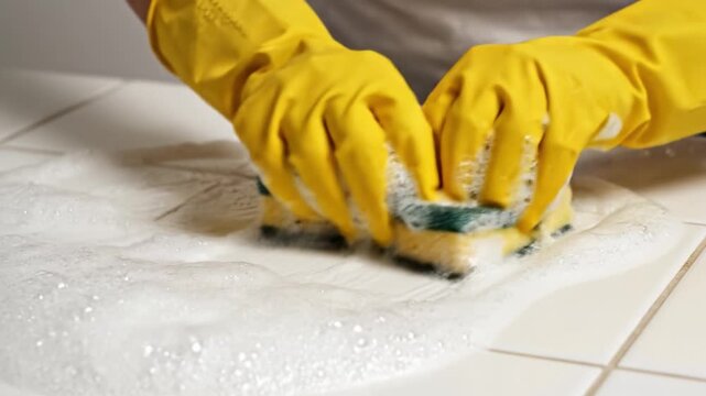 Hands in yellow rubber gloves scrub a white tiled surface with a soapy sponge and thick foam. Represents domestic hygiene and deep cleaning routines. Ideal for housekeeping or sanitation services.