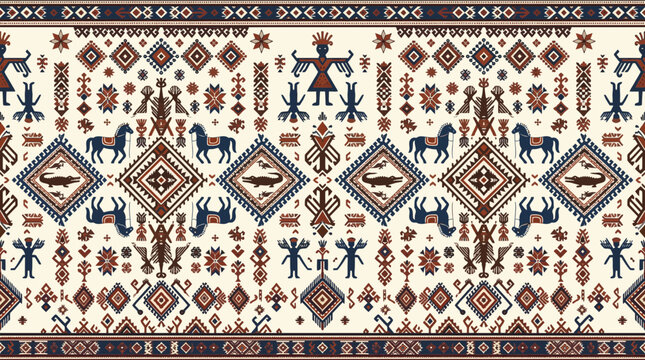 Traditional Sumba ikat seamless pattern vector featuring geometric tribal motifs, ethnic ornaments, horses, crocodiles, and indigenous cultural symbols in decorative textile style.