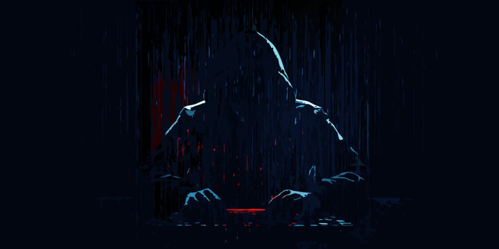 hooded figure silhouette in digital rain dark and mysterious