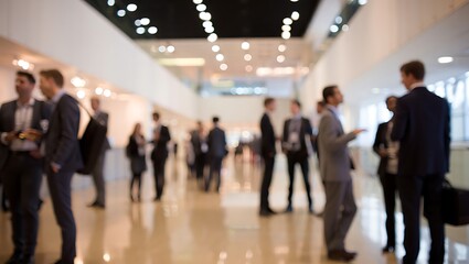 Fototapeta premium Group of business people standing and talking in a large modern conference hall with white walls and shiny floor