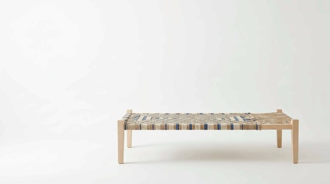 A handcrafted wooden daybed featuring intricate woven rope patterns in blue and beige natural fibers