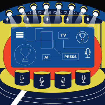 Colorful tv studio with ai and press flowchart on screen