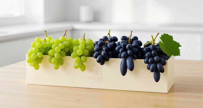 A minimalist editorial layout of exotic grape varietals placed stem-up in a soft cream colored branded box with subtle embossing, arranged on a light oak wooden table. The progression moves from vivid